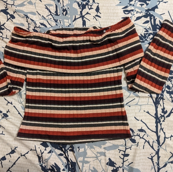 yesstyle Tops - 🔥Off The Shoulder Long Sleeve Stripe Top